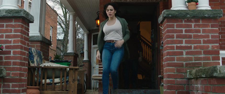 Rosa runs down the steps to check on Billy when he comes home after being gone.
