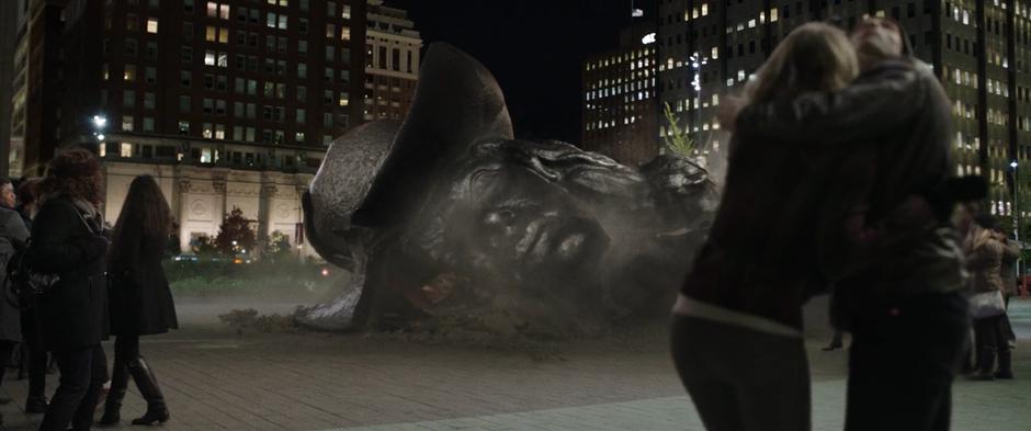 The head from the William Penn statue crushes the Love sculpture in the middle of the square.