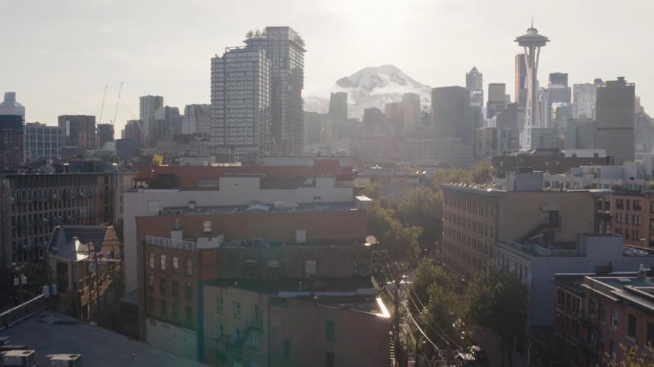 View of the Seattle skyline over the roof of Safe Space.