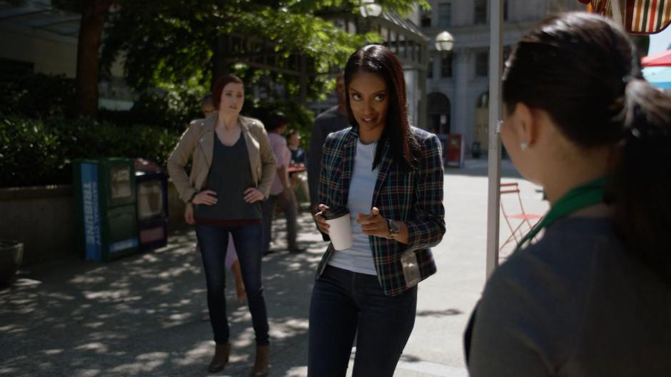 Alex watches nervously as Kelly gets the barista's life story.