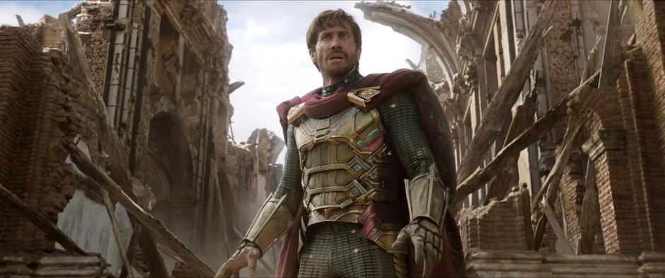 Mysterio appears in a ruined church and tells Fury and Hill that it still isn't safe.