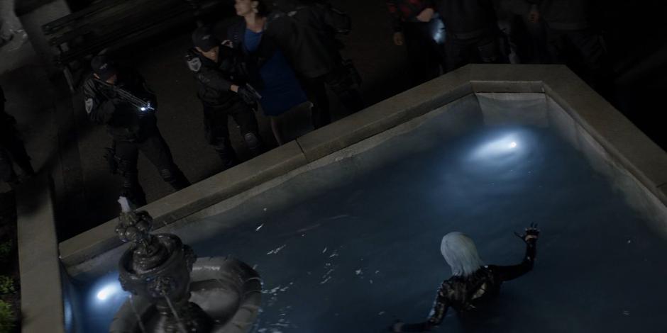 Sophie and several other Crows surround Magpie after she has fallen in the fountain.