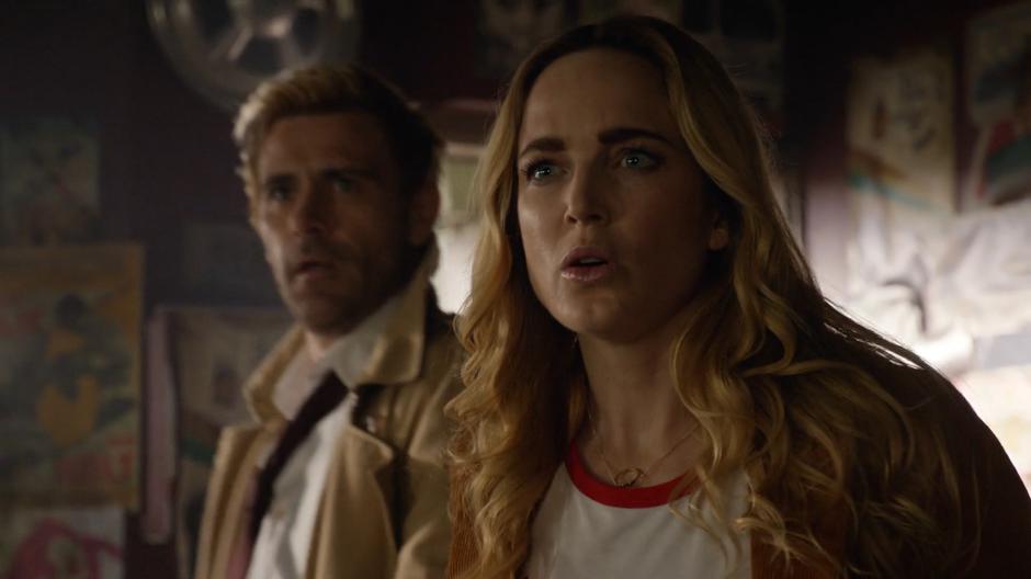 Constantine and Sara enter the restaurant and are surprised by a wolfed-out Mona.