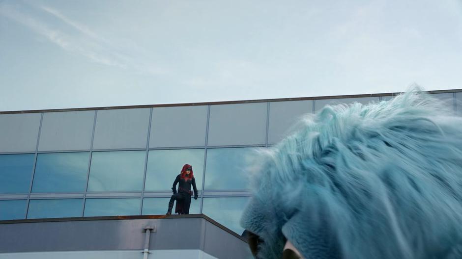 Kate stands on a rooftop as the giant Beebo walks past.