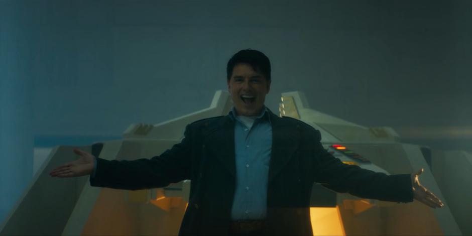 Captain Jack Harkness opens his arms and smiles widely when he thinks he has found the Doctor.