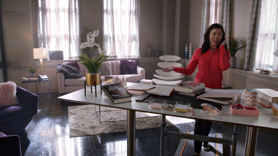 Mona walks at her treadmill desk while negotiating a contract over the phone.