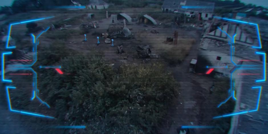 A Cyberdrone flies over the camp and targets the defensive equipment the fam just set up.