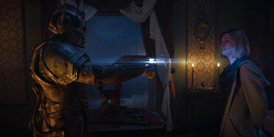 The Lone Cyberman's gun fizzles when he tries to shoot the Doctor.