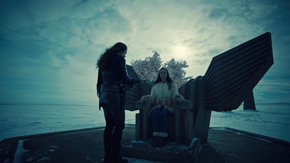 Wynonna approaches Waverly while trying to convince her to leave the throne.