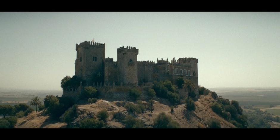 Establishing shot of the castle from the air.