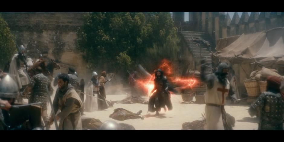 Adriel appears from a red portal in the middle of the battle.