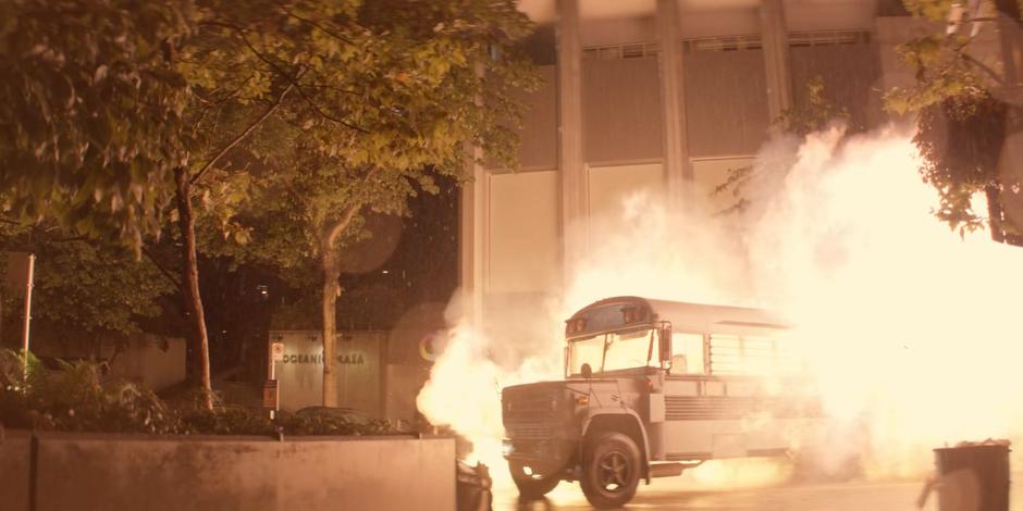 The bus explodes into a fireball.