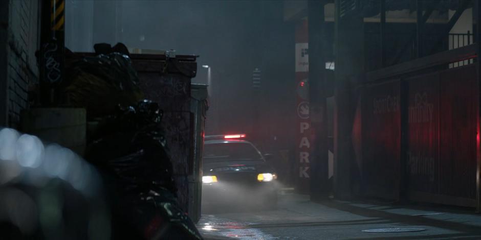 A police car flashes its light as it approaches down the alley.