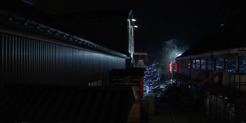 Nighttime establishing shot of the community center.