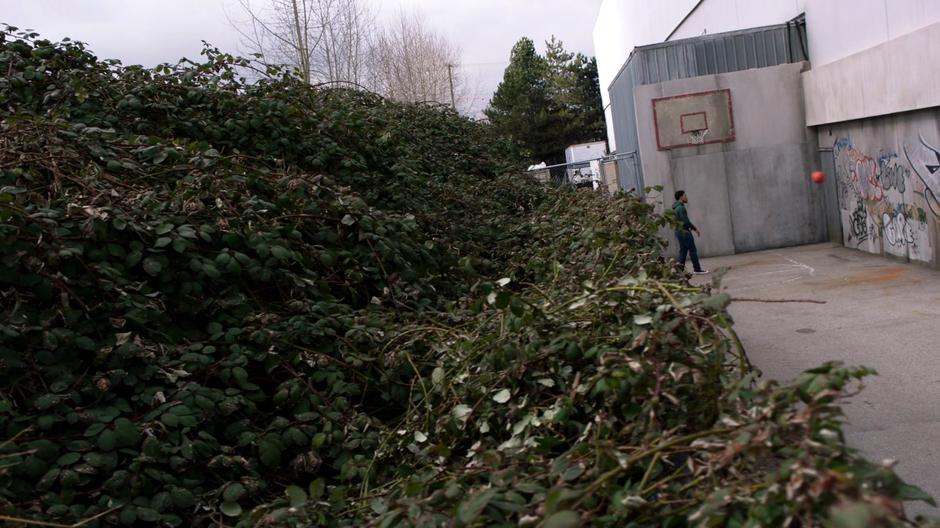 Orlando shoots some hoops at a basket behind a graffiti-covered building.