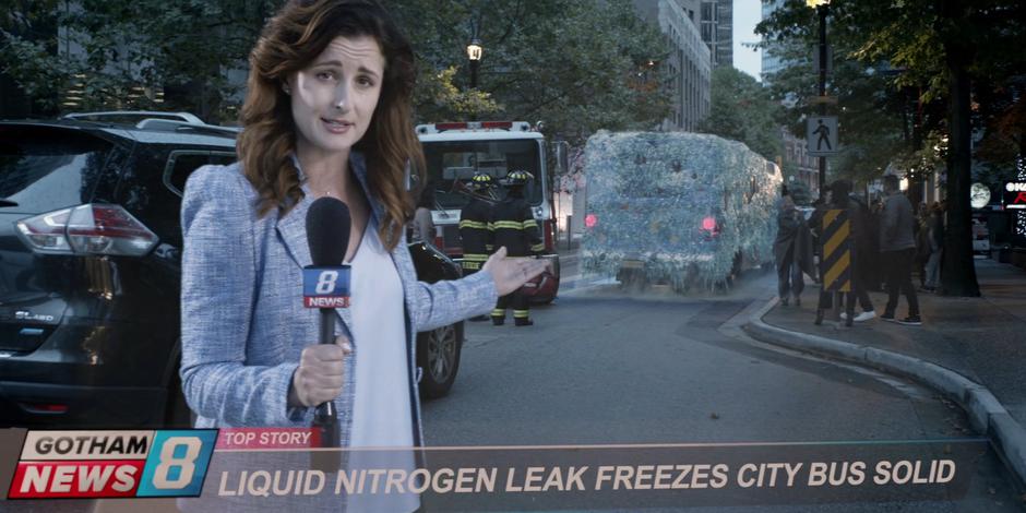 Dana Dewitt reports on the frozen bus and links it with Mr. Freeze.