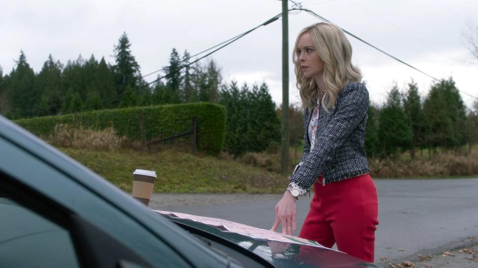 CJ Grant looks over her map on the hood of her car.