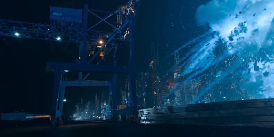 A giant blue explosion engulfs the Sontaran fleet as the hijacked ship crashes into them.