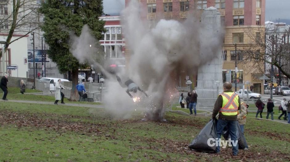 A man gets blown up by the first land mine.