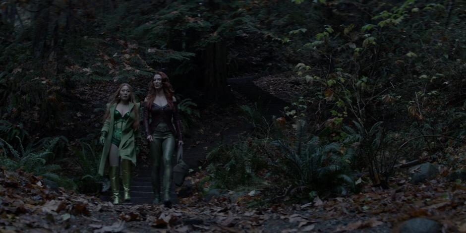 Mary and Pam walk down some stairs in the woods.