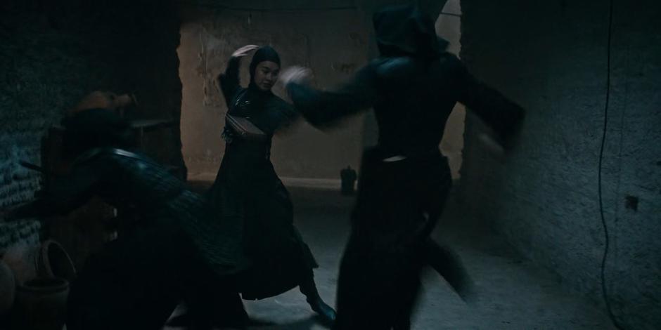 Beatrice fights off several of the bad nuns.