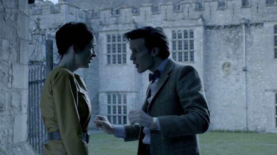The Doctor talks to Cleaves in the Monastery courtyard.