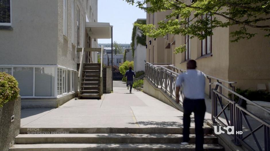 Shawn chases after the woman being mugged and Gus chases after him.