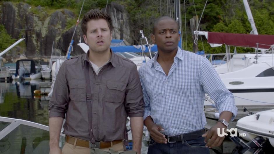 Shawn and Gus witness Pierre Despereaux's boat being blown up.