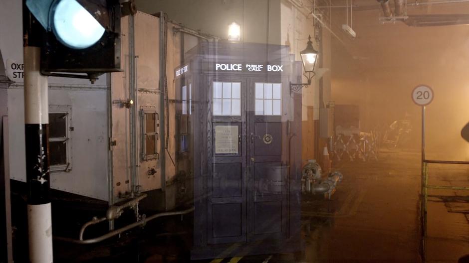 The TARDIS begins to depart.