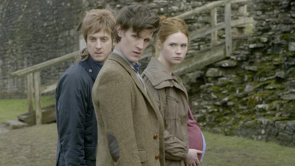 Amy, Rory, and the Doctor realize they are being approached by a mob of alien-bearing old people.