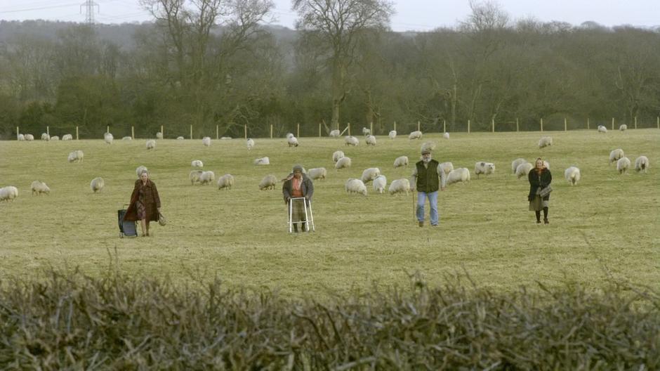 A group of elderly aliens walk across a field to attack the house.