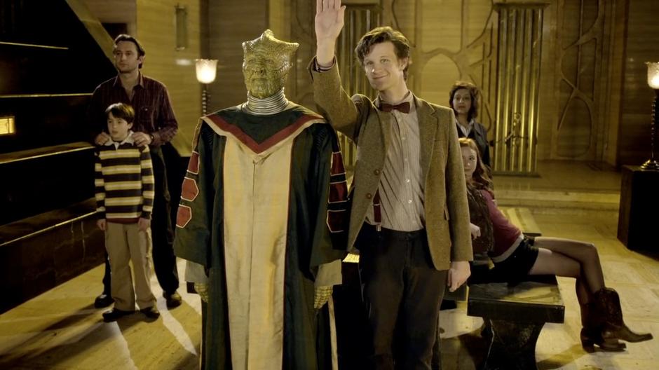 The Doctor greets the new arrivals from the surface.