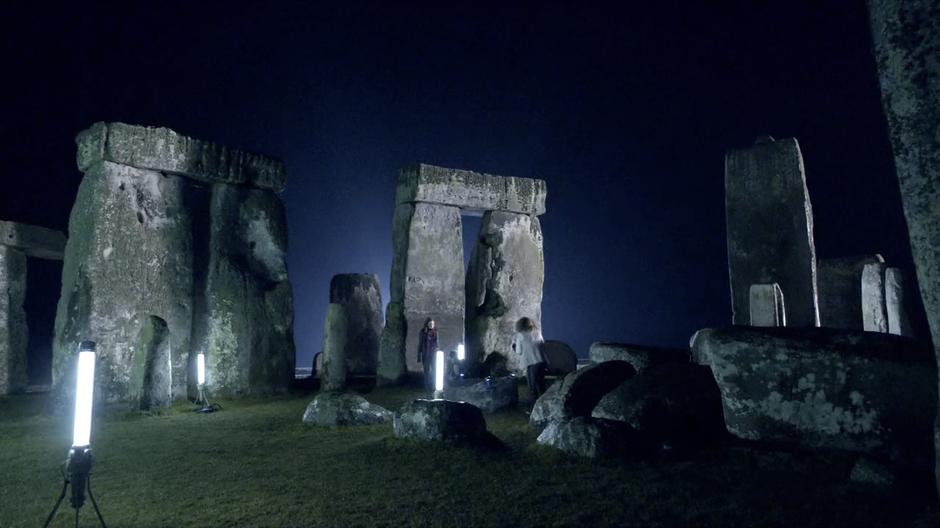 Amy, Rory, and the Doctor are still searching the henge late into the night.
