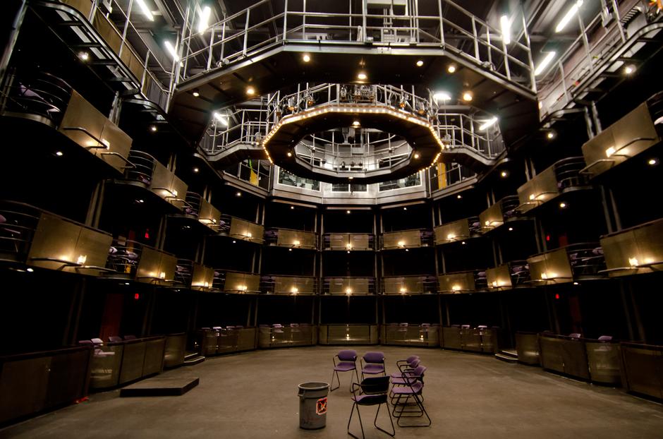 Inside the Telus Studio Theatre, looking at the seats and overhead catwalk.