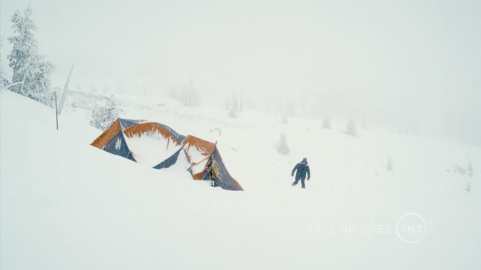 Nate approaches an emergency tent on Mount Kibari.