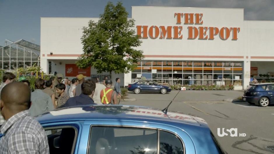 Shawn and Gus get out of the Blueberry out front of The Home Depot.