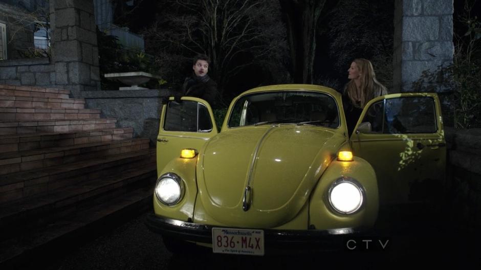 Emma and Jefferson get out of Emma's car.