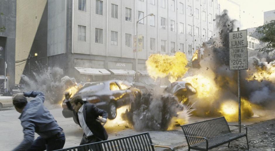 Cars explode after being shot by the Chitauri. Filmed at East 9th Street & Barn Court.