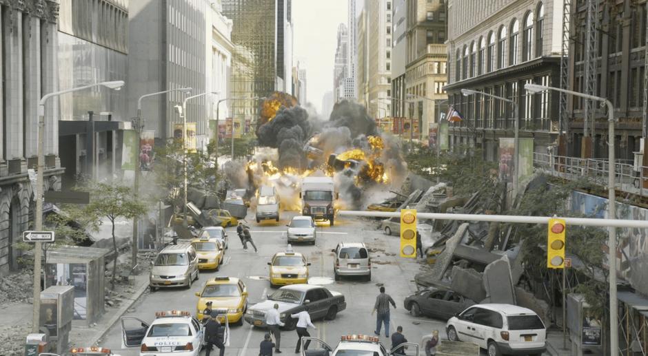 Cars explode after being shot by the Chitauri. Filmed looking south down East 9th Street from Euclid Avenue.