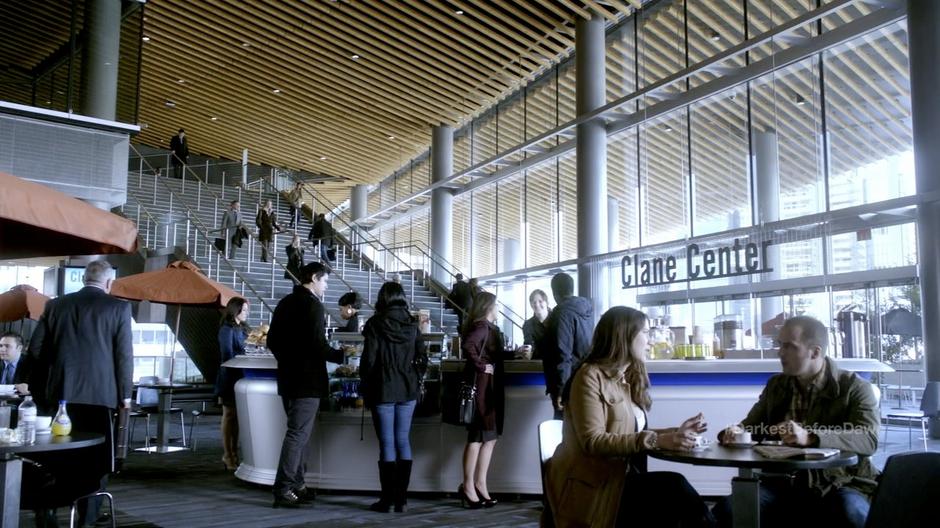 Establishing shot of the coffee shop on the main floor of the building.