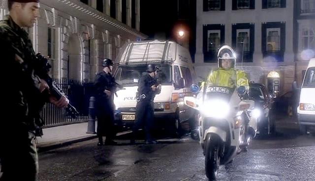 Rose and the Doctor arrive at Downing Street in a limo.