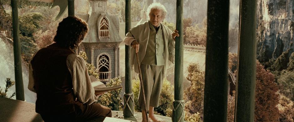 Bilbo and Frodo discuss Bilbo's book.