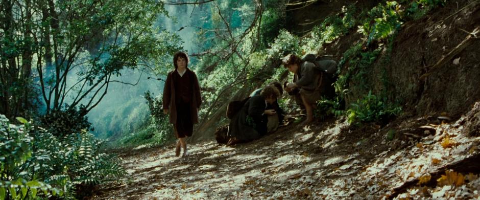 Frodo looks down the path while the rest of the Hobbits collect mushrooms.