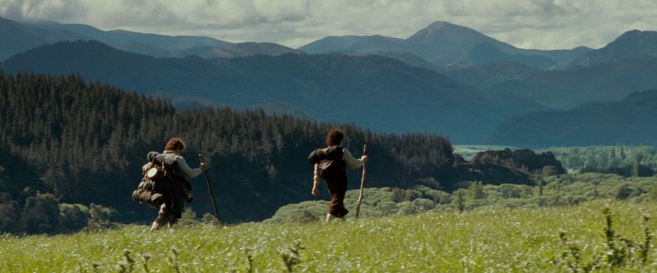 Sam and Frodo through the Shire on their way to Bree.