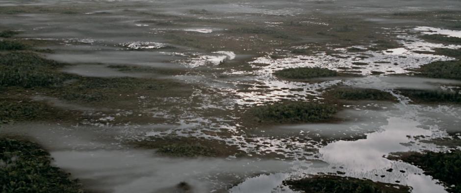 Frodo, Sam, and Gollum walk through the marshes.