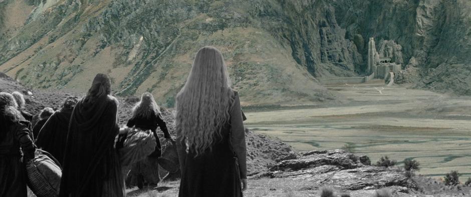 Refugees look across the valley to Helm's Deep. Foreground was filmed at Deer Park Heights.