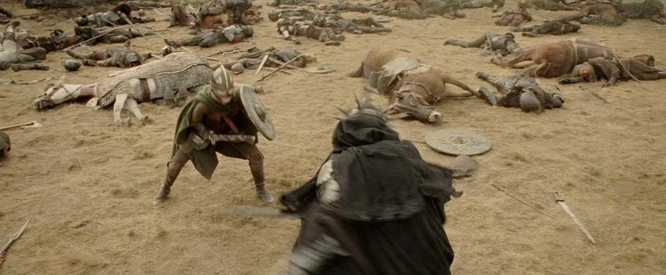 Eowyn fights against the Witchking.