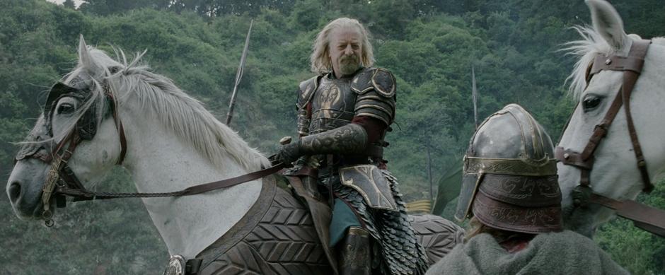 Theoden tells Merry that the Hobbit cannot join them in war.