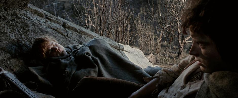 In their camp in a culvert, Sam sleeps while Frodo is kept awake by The Ring.