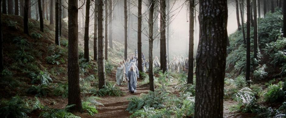 The elves walk down the path to the Grey Havens on their way out of Middle-earth.